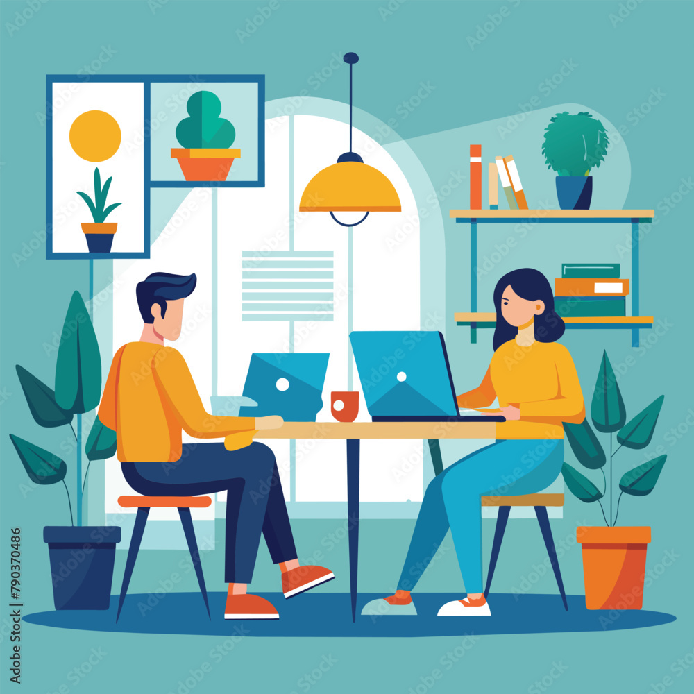 A man and woman sitting at a table, focused on their laptops as they work together in the same room, Colleagues working in the same room, Simple and minimalist flat Vector Illustration A man and woman sitting at a table, focused on their laptops as they work together in the same room, Colleagues working in the same room, Simple and minimalist flat Vector Illustration