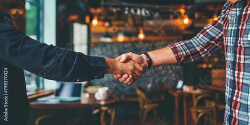 Business mens handshake, greetings or success deal or hiring, coat, t-shirt  photo
