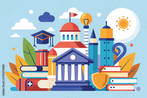 Building Surrounded by Books and Bookshelves, College project, study for college entrance exam, university concept, Simple and minimalist flat Vector Illustration