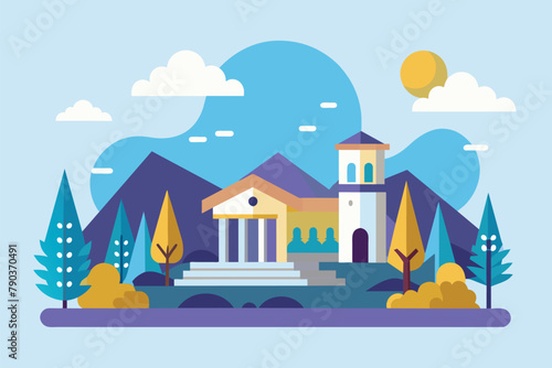 A church stands amid a forest of trees with towering mountains in the background, College project, Simple and minimalist flat Vector Illustration