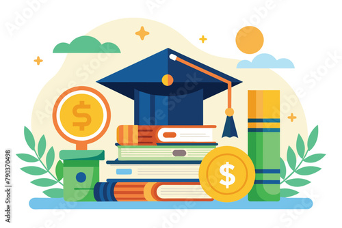 A stack of books with a graduation cap placed on top, symbolizing academic achievement and success, College tuition graduation, scholarship education, Simple and minimalist flat Vector Illustration