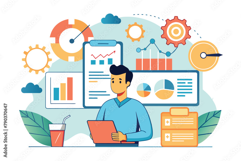 A man is sitting in front of a laptop computer, focused on his work, company graphic info and analysis of company development, Simple and minimalist flat Vector Illustration
