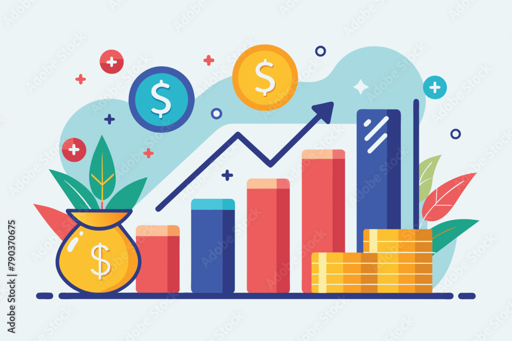 A money bag with a dollar sign on top of it is positioned next to neatly stacked coins, Company money and earnings trending, Simple and minimalist flat Vector Illustration
