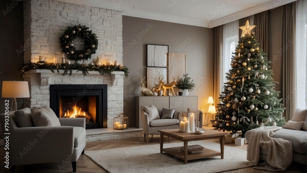 Cozy living room decorated for Christmas with tree and fireplace Cozy living room decorated for Christmas with tree and fireplace