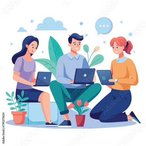 Three People Working on Laptops, Company employees talking about boss tasks sitting with laptop, Simple and minimalist flat Vector Illustration
