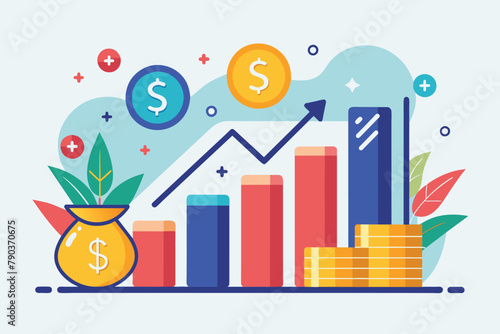 A money bag with a dollar sign on top of it is positioned next to neatly stacked coins, Company money and earnings trending, Simple and minimalist flat Vector Illustration