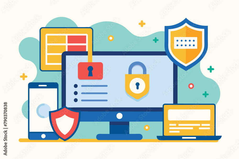 A digital padlock is displayed on a computer screen, symbolizing data security and protection, Computer data input security, Simple and minimalist flat Vector Illustration A digital padlock is displayed on a computer screen, symbolizing data security and protection, Computer data input security, Simple and minimalist flat Vector Illustration