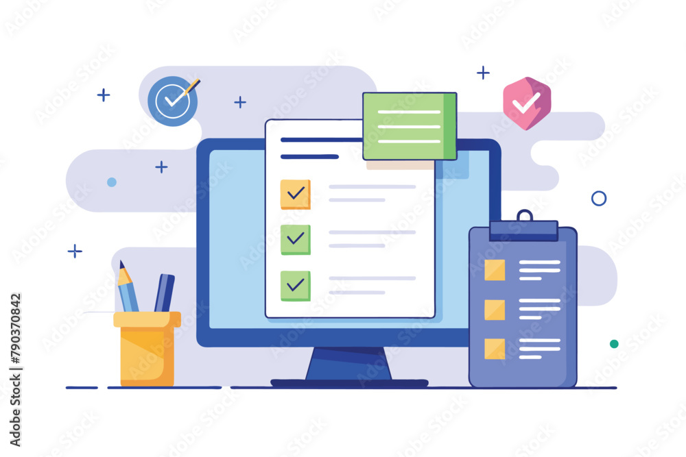 A computer screen displaying a simple and minimalist checklist, Computer data checklist, Simple and minimalist flat Vector Illustration A computer screen displaying a simple and minimalist checklist, Computer data checklist, Simple and minimalist flat Vector Illustration