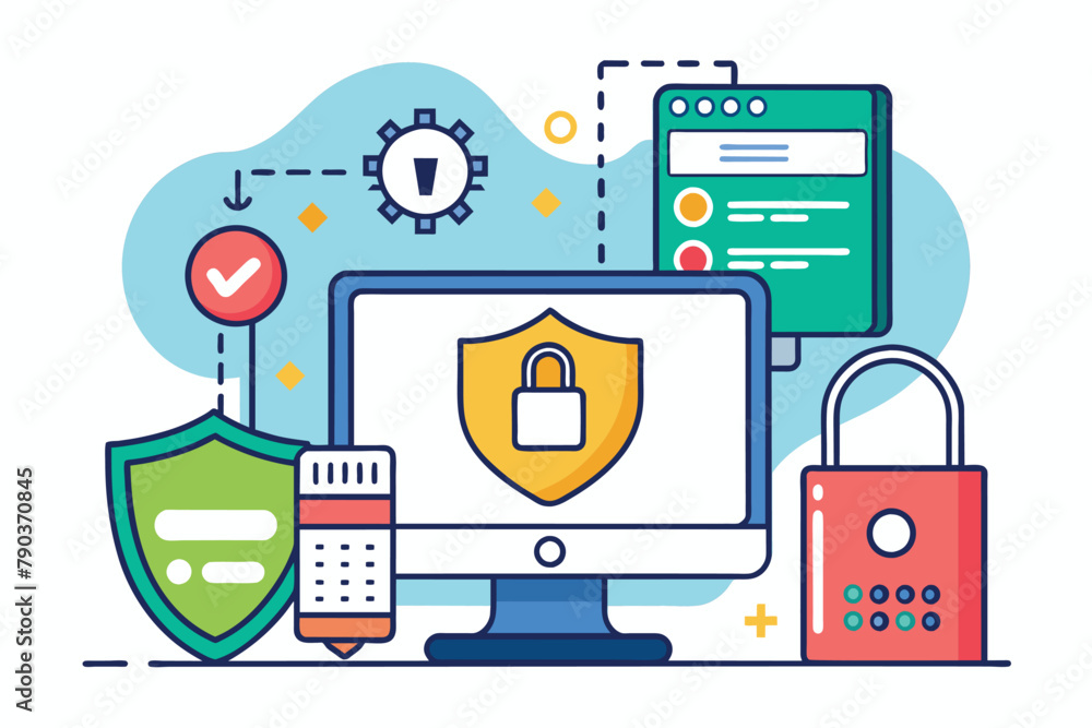 A computer protected by two padlocks, enhancing data security with a simple and minimalist approach, Computer data input security, Simple and minimalist flat Vector Illustration A computer protected by two padlocks, enhancing data security with a simple and minimalist approach, Computer data input security, Simple and minimalist flat Vector Illustration