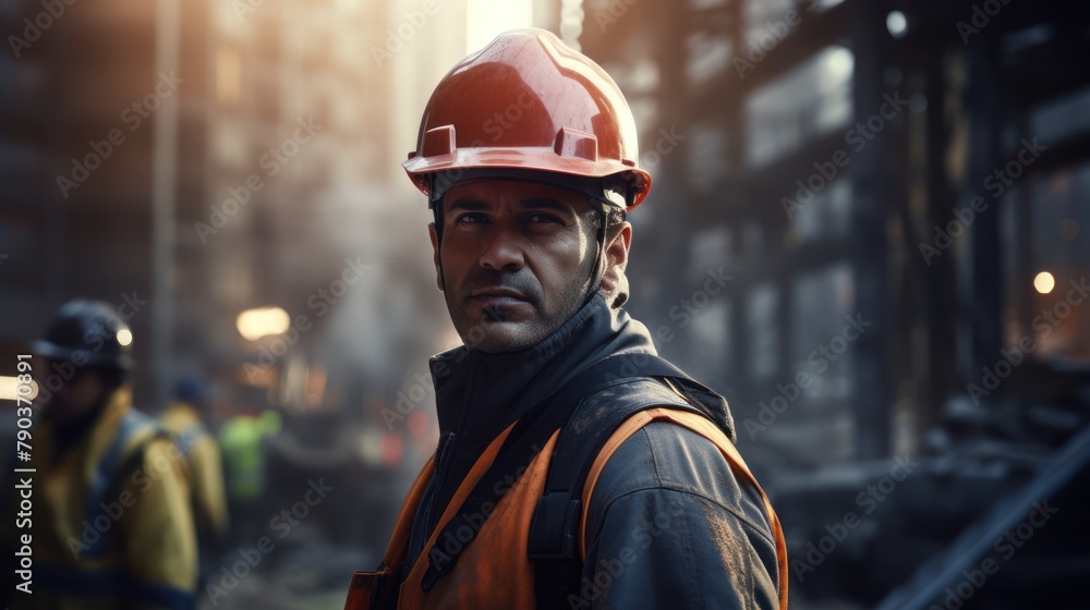 A builder in a red helmet stands at a construction site and looks at the camera.