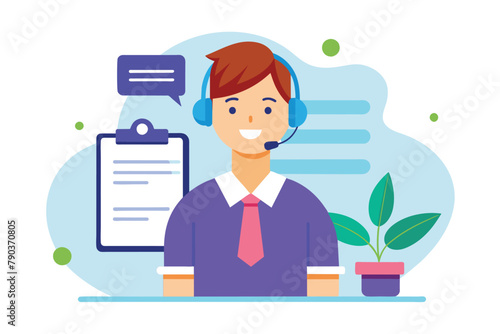 A man wearing a headset is holding a clipboard in front of him, Complaint to the support service concept, Simple and minimalist flat Vector Illustration