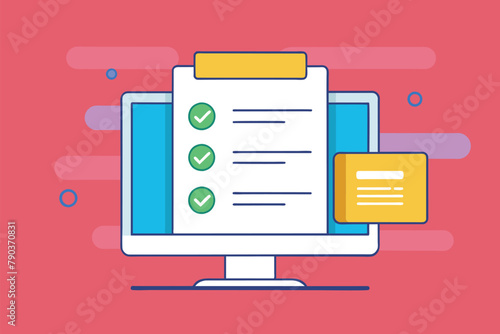 Computer screen displaying a simple and minimalist check mark symbolizing completion or approval, Computer data checklist, Simple and minimalist flat Vector Illustration