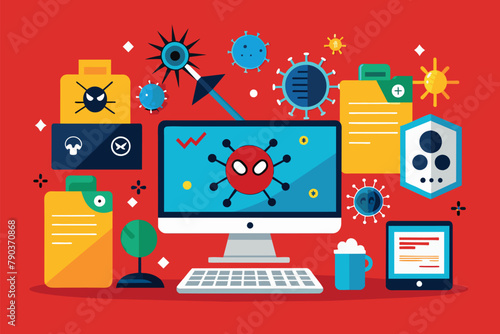 A computer screen amidst a collection of different items, showcasing a variety of elements, computer malware virus attack, Simple and minimalist flat Vector Illustration