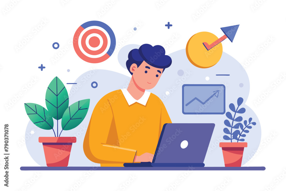 A man sitting in front of a laptop computer, focused on work and business goals, Concentration and focus on business goals a worker works with a laptop, Simple and minimalist flat Vector Illustration A man sitting in front of a laptop computer, focused on work and business goals, Concentration and focus on business goals a worker works with a laptop, Simple and minimalist flat Vector Illustration