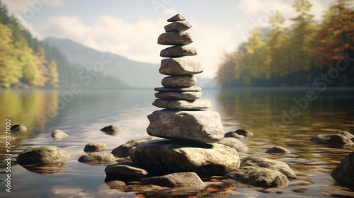 A stack of rocks is stacked on a lake, surrounded by more rocks. The sky is blue and clear, and there are trees in the background.