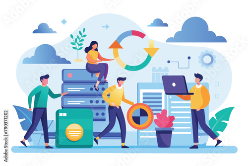 People gathered around a stack of data, discussing and analyzing information, concept of people backing up data, Simple and minimalist flat Vector Illustration