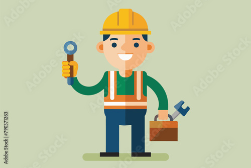 A construction worker stands with a wrench and tool in hand, construction worker holding keys, Simple and minimalist flat Vector Illustration