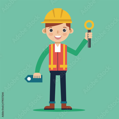 A man in a hard hat closely inspects with a magnifying glass, construction worker holding keys, Simple and minimalist flat Vector Illustration