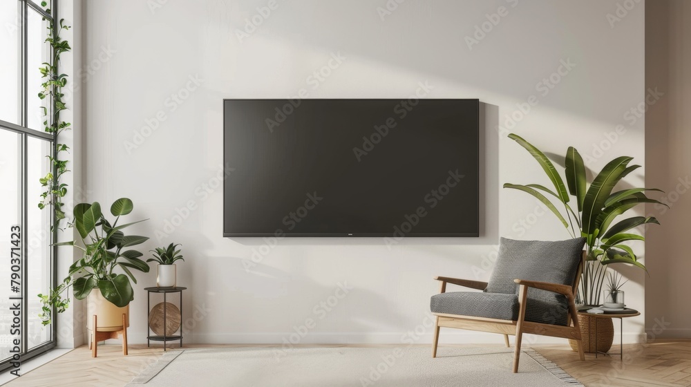 A large flat screen television is mounted on the wall in a living room. A chair is placed in front of the television, and a potted plant is situated nearby. The room has a modern and minimalist design A large flat screen television is mounted on the wall in a living room. A chair is placed in front of the television, and a potted plant is situated nearby. The room has a modern and minimalist design