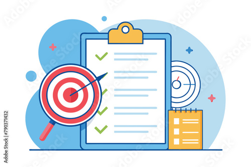 A clipboard with a magnifying glass and a target placed on top of it, contract targets, Simple and minimalist flat Vector Illustration
