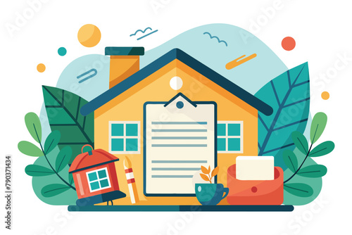 A house with a list of tasks in front, possibly related to sale or maintenance, Contract for the sale of the house trending, Simple and minimalist flat Vector Illustration