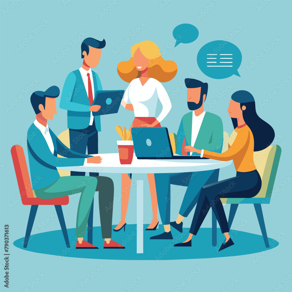 Professionals collaborating and working on laptops together at a table, Cooperation with business people sitting at the table, and communication, Simple and minimalist flat Vector Illustration