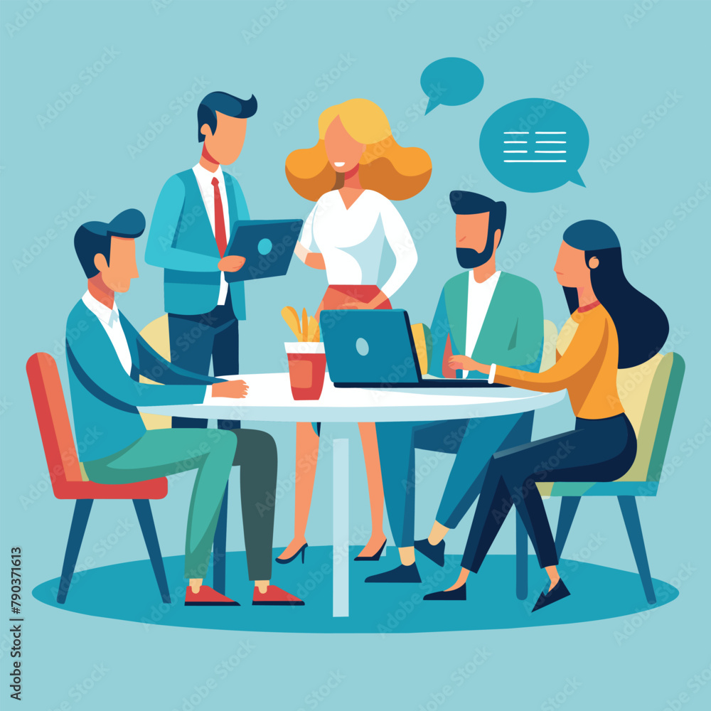 Professionals collaborating and working on laptops together at a table, Cooperation with business people sitting at the table, and communication, Simple and minimalist flat Vector Illustration Professionals collaborating and working on laptops together at a table, Cooperation with business people sitting at the table, and communication, Simple and minimalist flat Vector Illustration