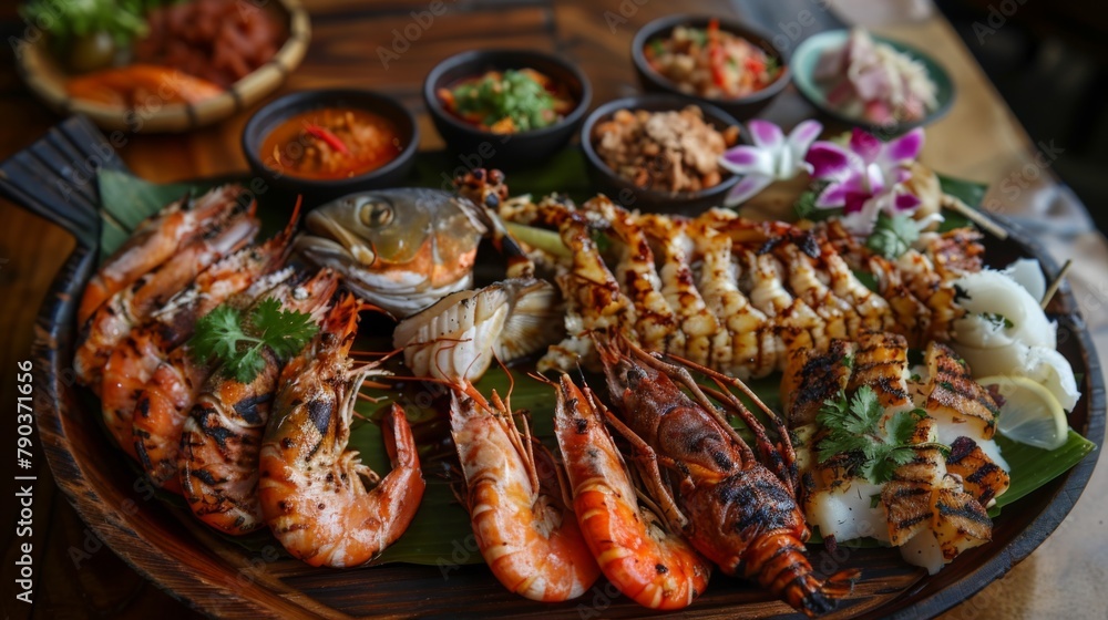 Thai seafood extravaganza: A seafood platter showcases an assortment of grilled fish, prawns, and squid, seasoned with Thai spices. Thai seafood extravaganza: A seafood platter showcases an assortment of grilled fish, prawns, and squid, seasoned with Thai spices.