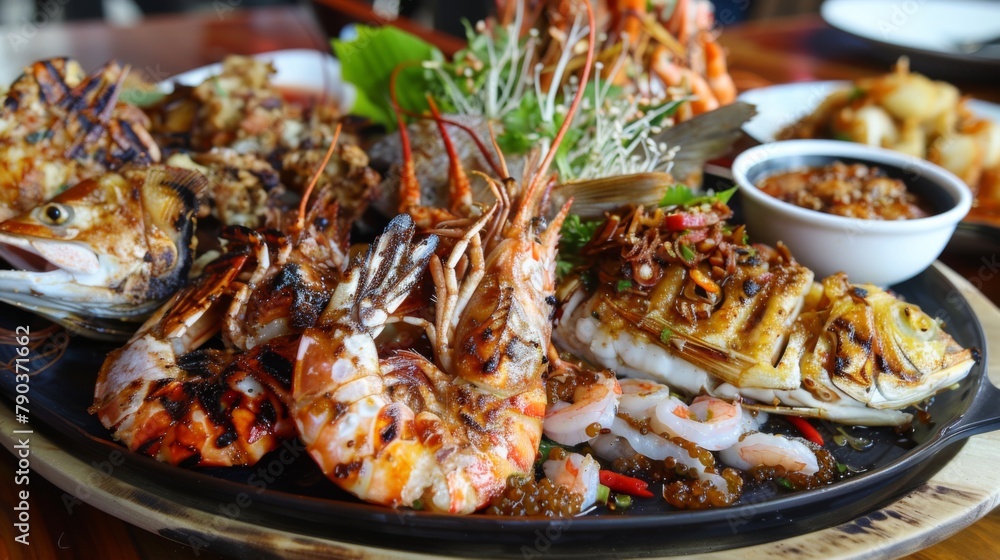 Thai seafood extravaganza: A seafood platter showcases an assortment of grilled fish, prawns, and squid, seasoned with Thai spices.