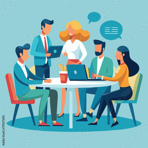 Professionals collaborating and working on laptops together at a table, Cooperation with business people sitting at the table, and communication, Simple and minimalist flat Vector Illustration