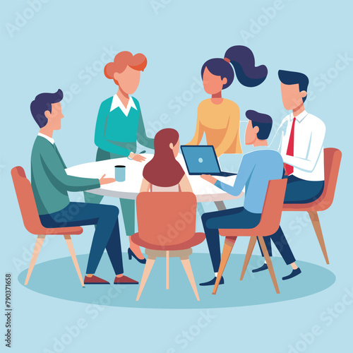 Group of People Sitting Around a Table, Cooperation with business people sitting at the table, and communication, Simple and minimalist flat Vector Illustration