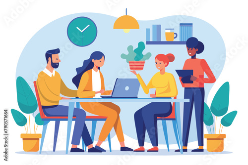 Business professionals collaborating at a table while using a laptop, Cooperation with business people sitting at the table, and communication, Simple and minimalist flat Vector Illustration