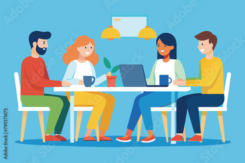 Business Meeting With Laptop, Cooperation with business people sitting at the table, and communication, Simple and minimalist flat Vector Illustration