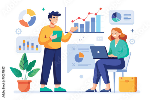 A man and a woman seated at a table  deeply engaged in discussing data graph analysis on a laptop  coworkers discussing data graph analysis  Simple and minimalist flat Vector Illustration