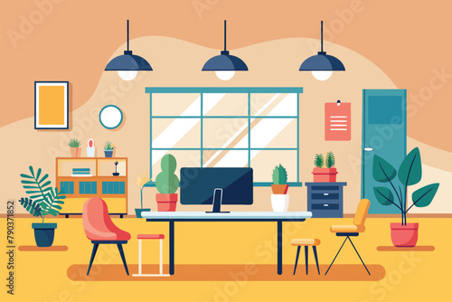A simple and minimalist office room featuring a desk, chair, computer, and potted plants, Coworking space, Simple and minimalist flat Vector Illustration