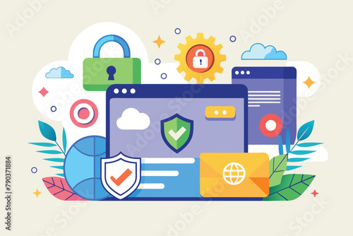 A laptop with a padlock placed on top of it, symbolizing security and protection, Creative ssl concept, Simple and minimalist flat Vector Illustration
