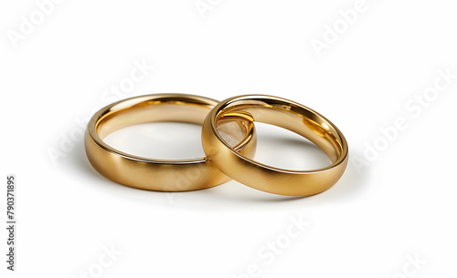 A pair of gold wedding rings isolated on a white background, generative ai