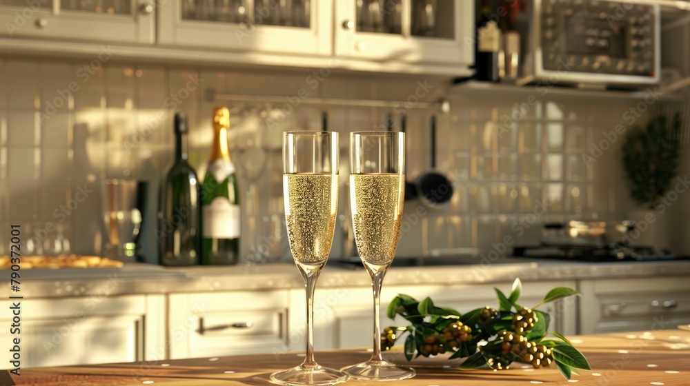 Obraz premium Birthday celebration Serving bubbly brut champagne cava or prosecco in tulip glasses in a home kitchen setting