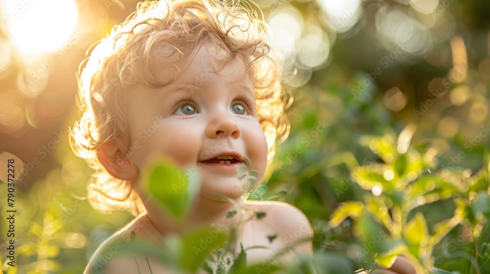 Fototapeta premium Toddler's outdoor adventure: A happy Caucasian toddler explores the outdoors, their fair skin kissed by the sun as they embrace the wonders of nature.