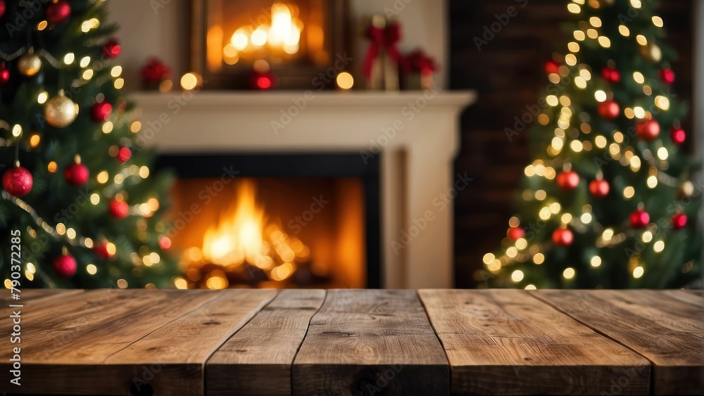 Cozy Christmas setting with fireplace and blurred tree in background Cozy Christmas setting with fireplace and blurred tree in background