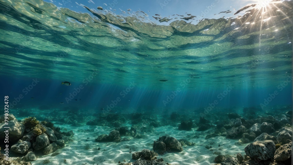 Fototapeta premium Underwater seascape with sun rays and marine life