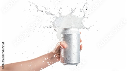 A human hand holding open white can with splashing out soda drink on white background. AI generated © MUCHIB