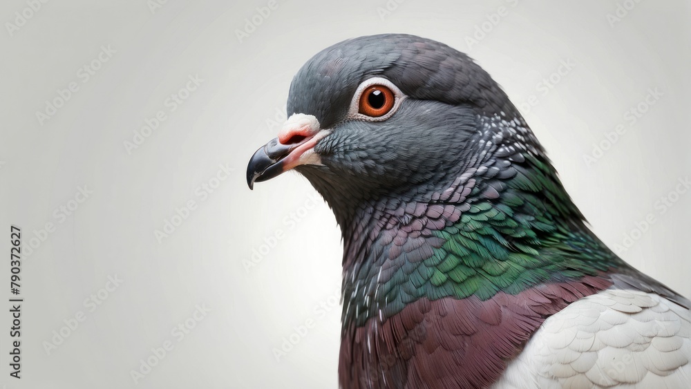Close up of a pigeon with iridescent feathers on a soft background Close up of a pigeon with iridescent feathers on a soft background