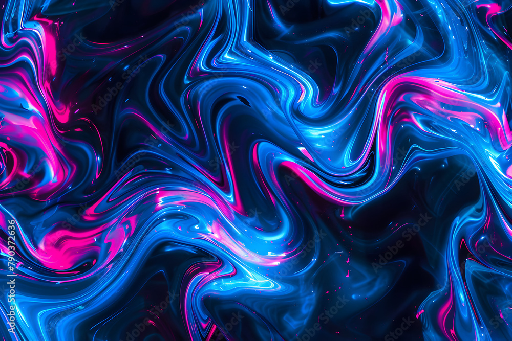 Electric blue and pink swirling patterns in vibrant neon abstract art on black background.