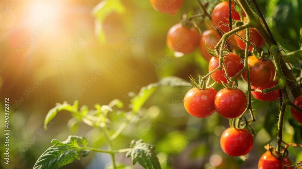 Tomato garden in bloom: Vibrant red tomatoes hang from green vines in a sunlit garden, a beautiful sight promising a fruitful harvest. Tomato garden in bloom: Vibrant red tomatoes hang from green vines in a sunlit garden, a beautiful sight promising a fruitful harvest.