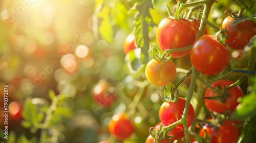 Tomato garden in bloom: Vibrant red tomatoes hang from green vines in a sunlit garden, a beautiful sight promising a fruitful harvest. photo
