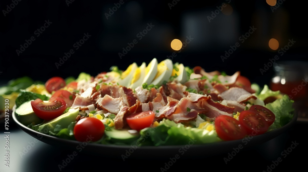 Salad with boiled eggs, bacon, and cherry tomatoes on a wooden table