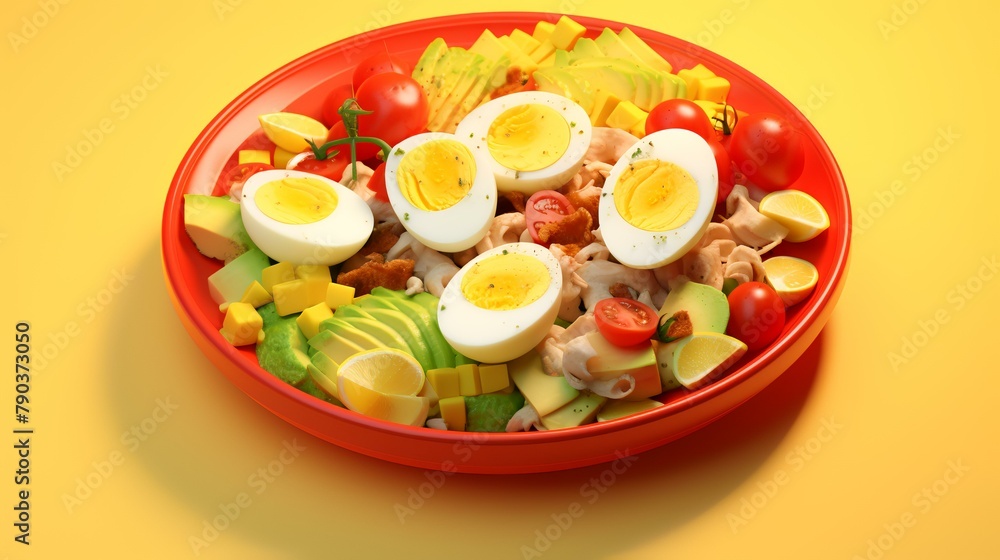 Salad with chicken eggs and vegetables in a bowl on a yellow background Salad with chicken eggs and vegetables in a bowl on a yellow background