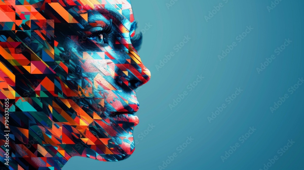 A woman's face is made up of geometric shapes and colors, AI
