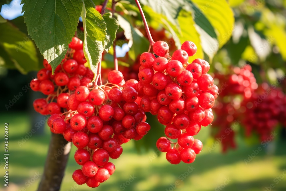 Clusters of bright rowan berries under sunlight. Ashberries on a tree amidst green foliage. Concept of harvest season, wildlife nourishment, and rustic charm. Clusters of bright rowan berries under sunlight. Ashberries on a tree amidst green foliage. Concept of harvest season, wildlife nourishment, and rustic charm.